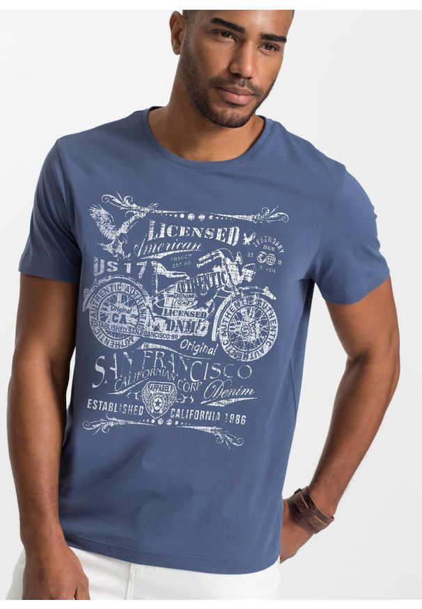 bonprix - T-shirt z czystej bawełny. Okazja: na co dzień. Kolor: niebieski. Materiał: bawełna. Wzór: nadruk. Styl: casual