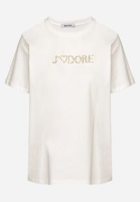 Born2be - Biały Bawełniany T-shirt Ozdobiony Napisem Nalaviraen. Okazja: na randkę, na co dzień, na spacer. Kolor: biały. Materiał: bawełna. Wzór: aplikacja, napisy. Styl: casual, elegancki #7