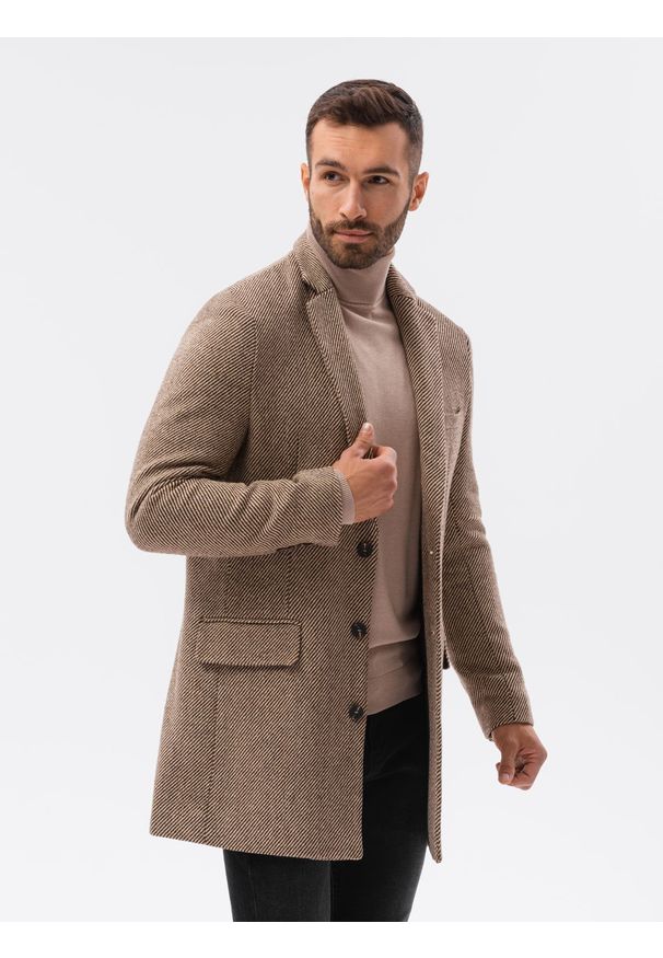 Ombre Clothing - Płaszcz męski we wzór - brązowy V2 C431 - XL. Kolor: brązowy. Materiał: poliester. Styl: elegancki