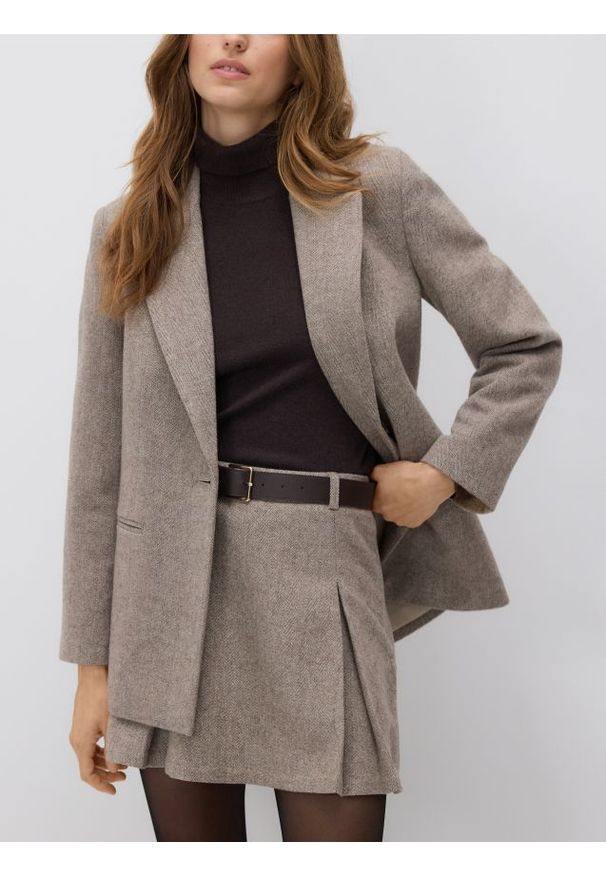 Reserved - Marynarka z wełną - beżowy. Kolor: beżowy. Materiał: wełna. Wzór: gładki