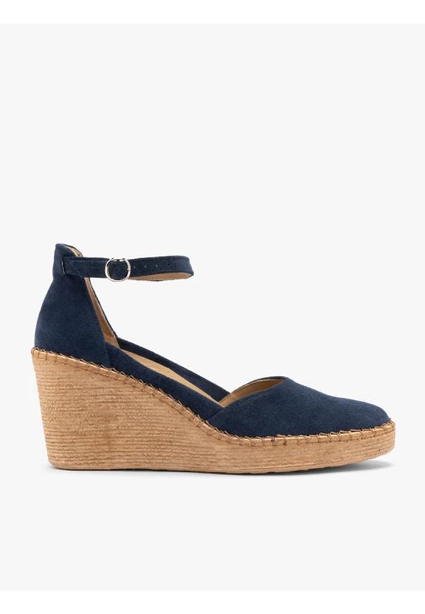 Ryłko - Granatowe czółenka na platformie z paskiem wokół kostki. Nosek buta: okrągły. Zapięcie: pasek. Kolor: niebieski. Materiał: skóra, welur. Obcas: na platformie. Styl: street