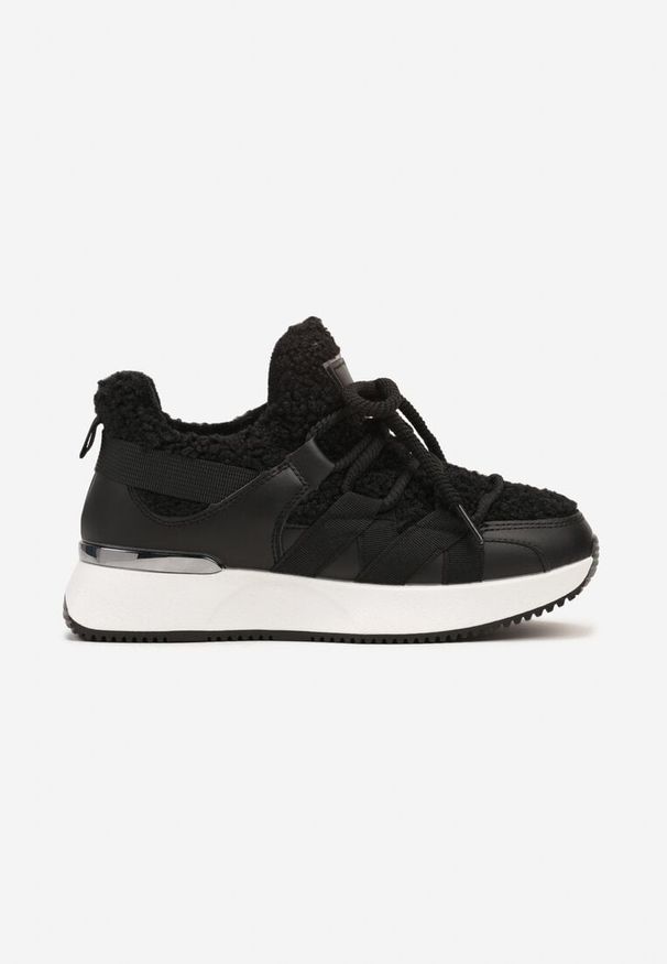 Born2be - Czarne Sneakersy z Futerkiem Typu Baranek na Grubej Podeszwie Zinithara. Zapięcie: sznurówki. Kolor: czarny. Materiał: futro. Wzór: aplikacja