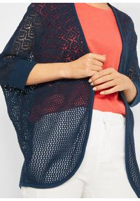 bonprix - Długi kardigan w ażurowy wzór. Kolor: niebieski. Długość rękawa: krótki rękaw. Długość: długie. Wzór: ażurowy #3
