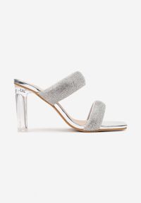 Renee - Srebrne Klapki na Przezroczystym Obcasie z Paskami z Cyrkoniami i Otwartym Noskiem Kouture. Nosek buta: otwarty. Kolor: srebrny. Obcas: na obcasie. Wysokość obcasa: średni #4
