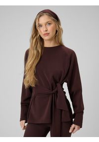 4f - 4F Bluza regular z wiązaniem i modalem damska - brązowa XL. Okazja: na co dzień, do domu. Kolor: brązowy. Materiał: dzianina, materiał. Długość rękawa: raglanowy rękaw. Wzór: gładki. Styl: casual #1