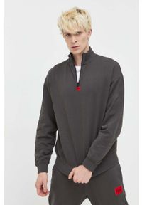Hugo - HUGO bluza bawełniana męska kolor szary gładka. Kolor: szary. Materiał: bawełna. Długość: krótkie. Wzór: gładki, aplikacja
