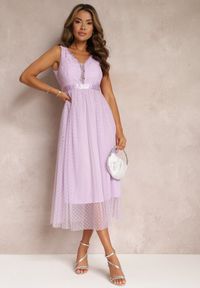 Renee - Fioletowa Tiulowa Sukienka Rozkloszowana z Koronką Phyvana. Kolor: fioletowy. Materiał: tiul, koronka. Wzór: koronka #4
