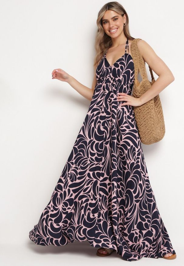 Born2be - Czarno-Różowa Wiskozowa Sukienka o Rozkloszowanym Kroju z Wiązaniem na Plecach Canella. Kolor: czarny. Materiał: wiskoza. Wzór: aplikacja. Styl: elegancki