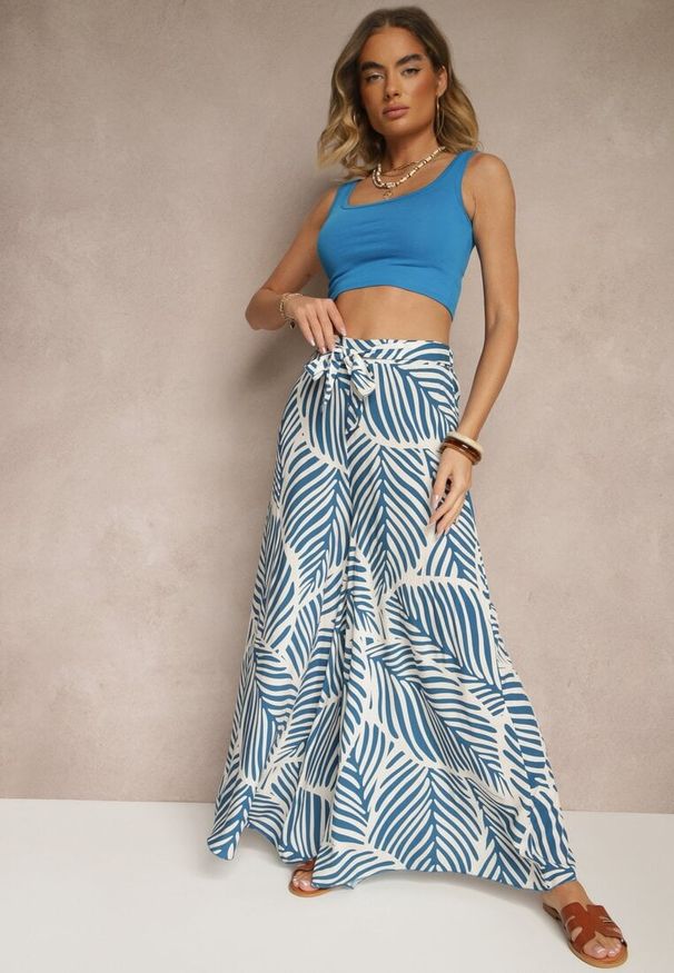 Renee - Niebieskie Spodnie o Szerokim Kroju High Waist w Liście Tenoralia. Stan: podwyższony. Kolor: niebieski. Styl: elegancki