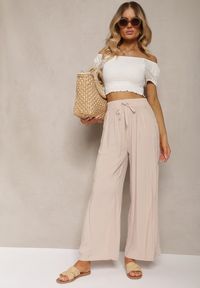 Renee - Jasnobeżowe Bawełniane Spodnie Palazzo High Waist z Gumką w Pasie Gitanea. Okazja: na co dzień. Stan: podwyższony. Kolor: beżowy. Materiał: bawełna. Styl: elegancki, casual