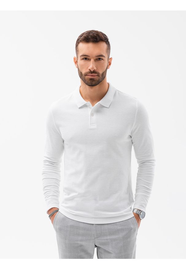 Ombre Clothing - Longsleeve męski bez nadruku L132 - biały - XXL. Typ kołnierza: polo. Kolor: biały. Materiał: bawełna, jeans, materiał. Długość rękawa: długi rękaw. Wzór: ze splotem
