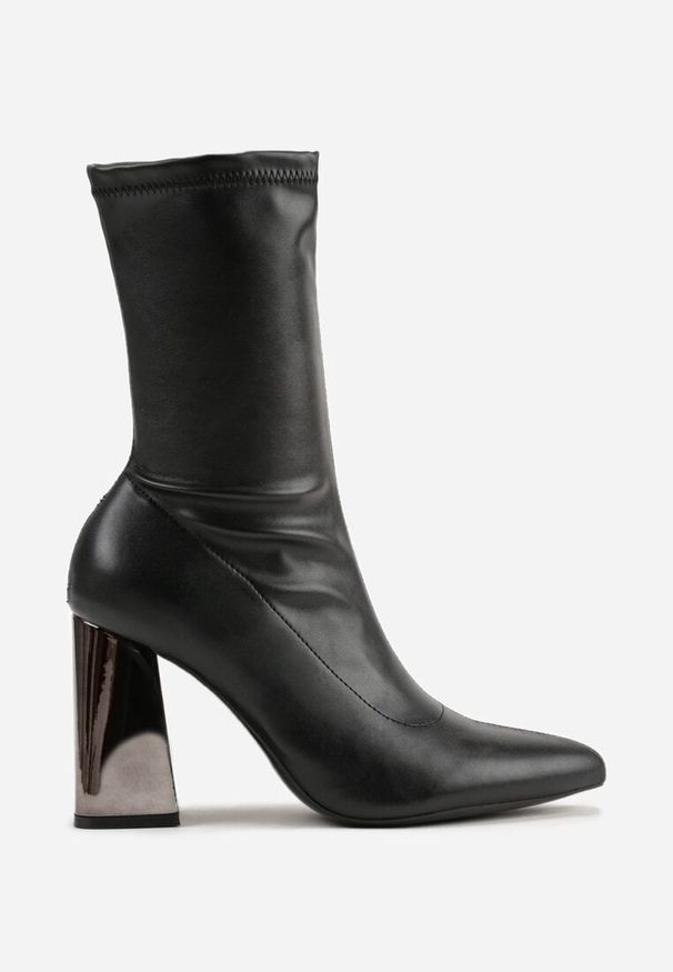 Born2be - Czarne Eleganckie Botki Vices na Metalicznym Słupku z Dopasowaną Cholewką Alivitta. Okazja: na co dzień. Kolor: czarny. Materiał: jeans. Szerokość cholewki: normalna. Obcas: na słupku. Styl: elegancki. Wysokość obcasa: średni