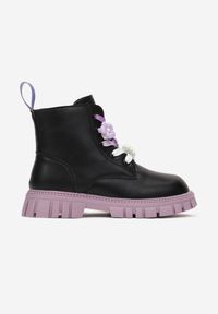 Born2be - Czarno-Fioletowe Botki Workery z Ozdobnym Sznurowaniem Paulla. Okazja: na co dzień. Kolor: czarny. Styl: casual