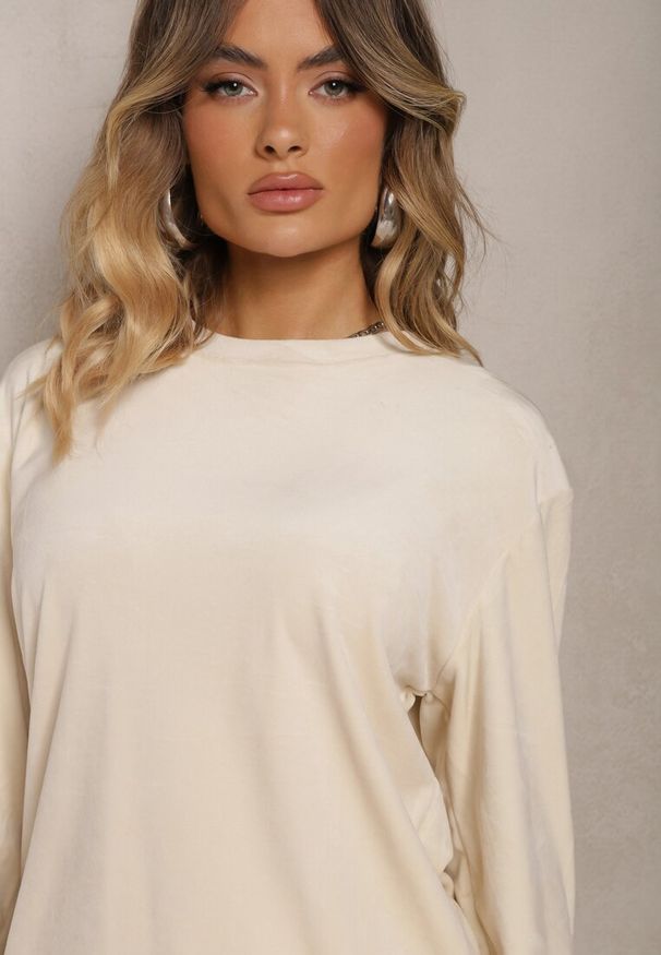 Renee - Beżowy Dresowy Welurowy Komplet z Dodatkiem Bawełny Bluzka i Spodnie Evisla. Kolor: beżowy. Materiał: dresówka, bawełna, welur