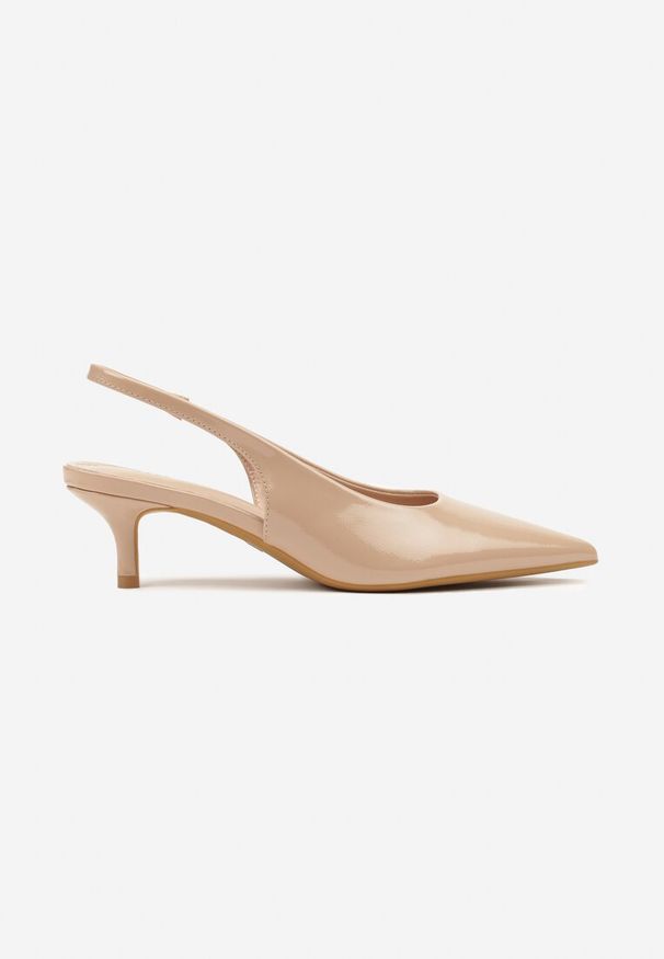 Renee - Ciemnobeżowe Czółenka Slingback Vices z Lakierowanym Połyskiem na Kaczuszce Sonwena. Okazja: na co dzień. Nosek buta: szpiczasty. Zapięcie: pasek. Kolor: beżowy. Materiał: lakier. Obcas: na szpilce. Styl: klasyczny, elegancki, casual. Wysokość obcasa: średni