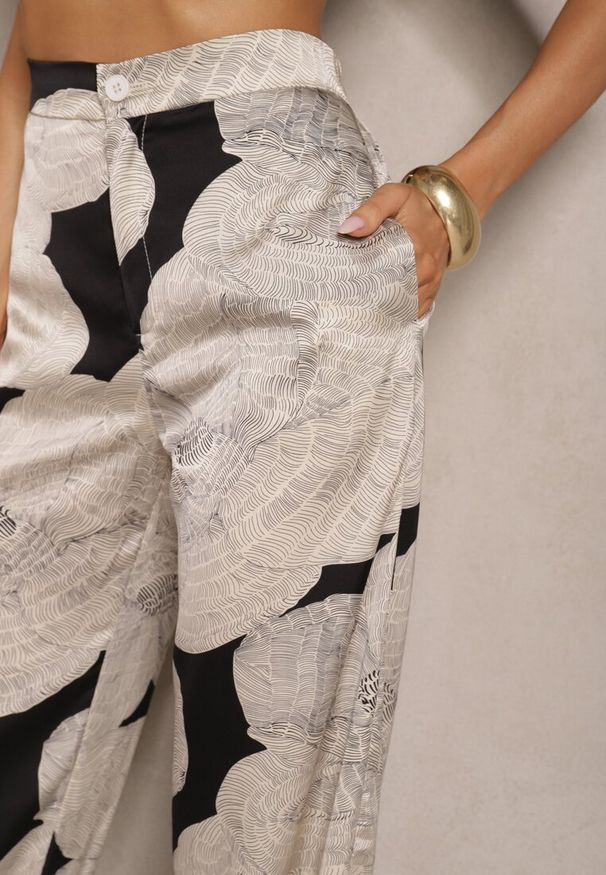 Renee - Beżowe Spodnie z Wiskozą High Waist Ozdobione Geometrycznym Wzorem Katiliana. Okazja: na co dzień. Stan: podwyższony. Kolor: beżowy. Materiał: wiskoza. Wzór: aplikacja, geometria. Styl: casual, elegancki