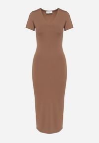 Born2be - Brązowa Sukienka Dopasowana Bodycon z Dekoltem w Serek Efricene. Okazja: na co dzień. Typ kołnierza: dekolt w serek. Kolor: brązowy. Materiał: jeans. Długość rękawa: krótki rękaw. Typ sukienki: bodycon. Styl: klasyczny, casual #6