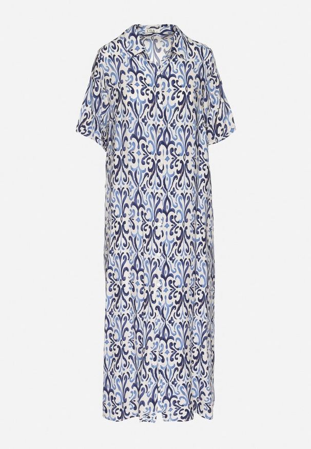 Born2be - Niebieska Sukienka z Wiskozy o Pudełkowym Kroju w Ornamentalny Wzór Ridisa. Okazja: na imprezę, na co dzień. Typ kołnierza: dekolt w kształcie V. Kolor: niebieski. Materiał: wiskoza. Długość rękawa: krótki rękaw. Typ sukienki: proste. Styl: casual, elegancki