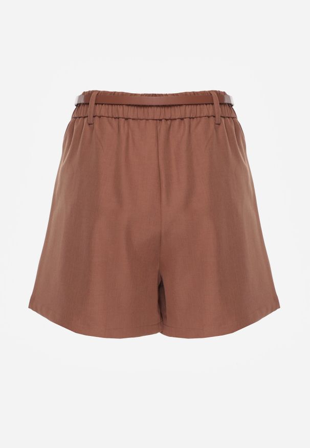 Born2be - Brązowe Spódnico-Szorty z Wysokim Stanem Paskiem i Metaliczną Ozdobą Narnllea. Okazja: na co dzień. Stan: podwyższony. Kolor: brązowy. Materiał: jeans. Wzór: aplikacja. Styl: casual, elegancki, klasyczny