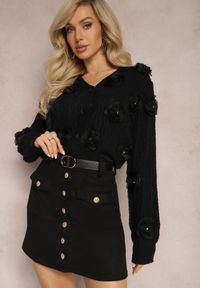 Renee - Czarna Spódnica Chloreis. Stan: podwyższony. Kolor: czarny. Materiał: dzianina, materiał. Wzór: gładki, aplikacja. Sezon: jesień