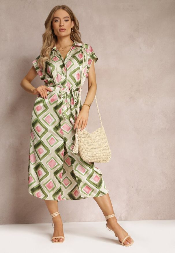 Renee - Zielona Wzorzysta Sukienka Midi w Koszulowym Stylu z Materiałowym Paskiem Emelitta. Okazja: na co dzień. Kolor: zielony. Materiał: materiał. Typ sukienki: koszulowe. Styl: casual. Długość: midi