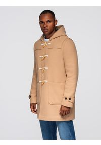 Ombre Clothing - Płaszcz męski z wełną i kapturem duffle coat – jasnobrązowy V1 - Rozmiar: XXL. Okazja: na co dzień. Kolor: brązowy. Materiał: wełna. Sezon: jesień. Styl: klasyczny, casual, elegancki