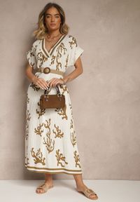 Renee - Brązowo-Beżowa Pudełkowa Sukienka z Wiskozą i Lnem Sadeone. Okazja: na co dzień. Kolor: brązowy. Materiał: wiskoza, len. Styl: casual, elegancki #5