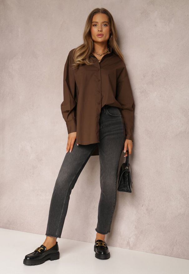 Renee - Ciemnobrązowa Koszula Bawełniana Aquida. Kolor: brązowy. Materiał: bawełna. Długość rękawa: długi rękaw. Długość: długie