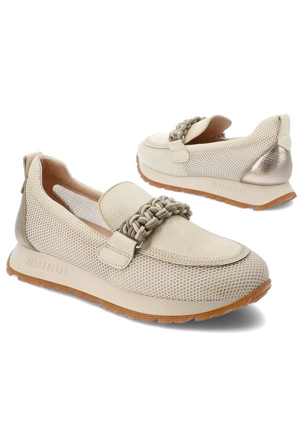 Beżowe Półbuty Hispanitas Modne Wsuwane Obuwie Damskie. Okazja: na co dzień. Zapięcie: bez zapięcia. Kolor: beżowy. Materiał: skóra. Szerokość cholewki: normalna. Styl: elegancki, casual