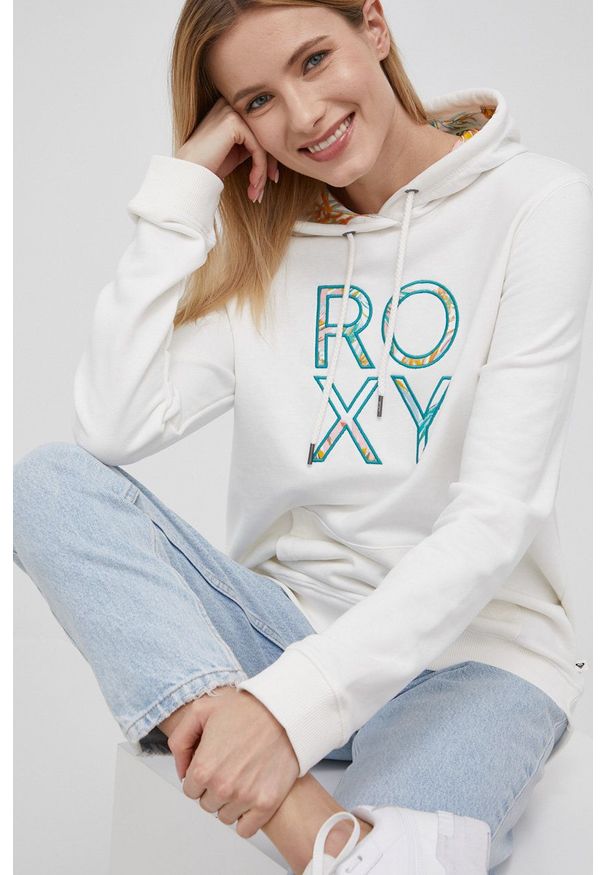 Roxy bluza damska kolor biały z kapturem z aplikacją. Okazja: na co dzień. Typ kołnierza: kaptur. Kolor: biały. Materiał: dzianina. Wzór: aplikacja. Styl: casual