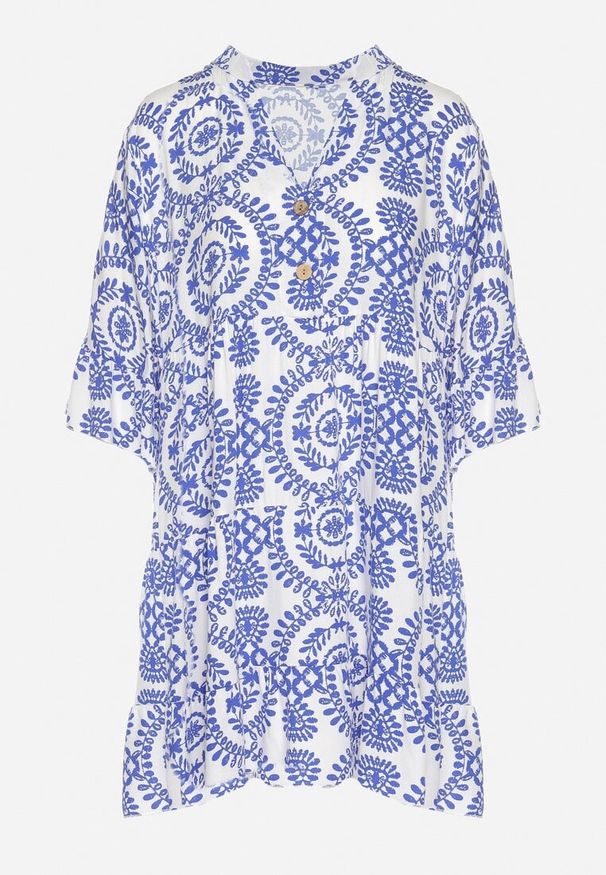 Born2be - Niebieska Bawełniana Sukienka Rozkloszowana z Guzikami Janisse. Okazja: na co dzień. Kolor: niebieski. Materiał: bawełna. Typ sukienki: proste, rozkloszowane. Styl: casual, elegancki, klasyczny