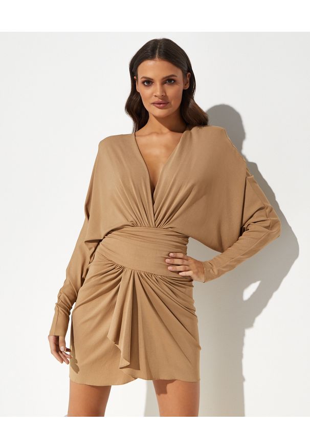 ALEXANDRE VAUTHIER - Brązowa sukienka mini z głębokim dekoltem. Kolor: brązowy. Materiał: materiał. Długość rękawa: długi rękaw. Długość: mini