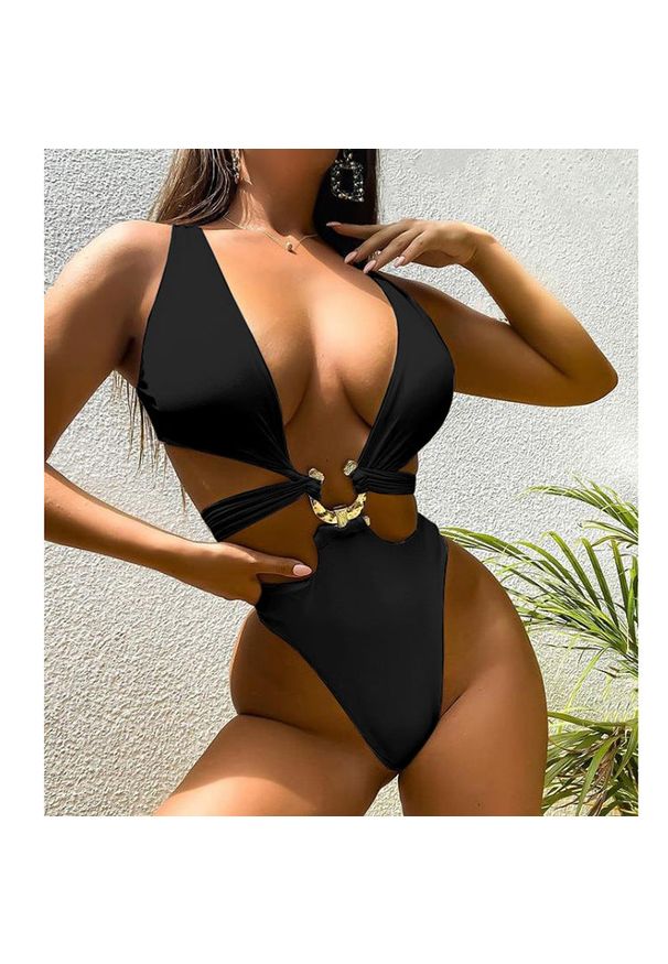 Intica - Strój kąpielowy z ozdobną klamrą elastyczny na plażę i basen G. Kolor: czarny. Materiał: materiał