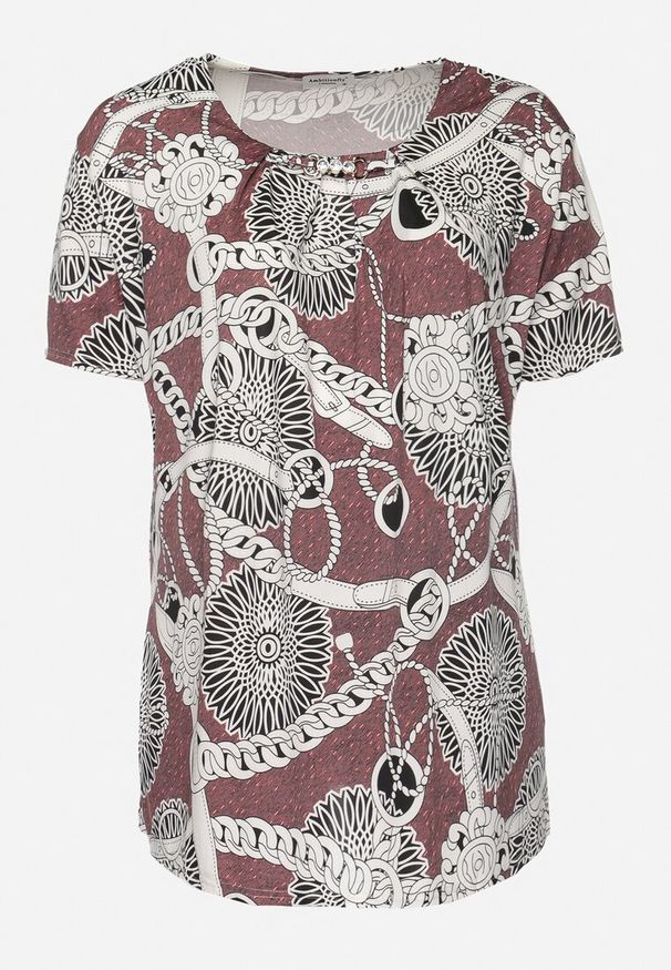 Born2be - Ciemnoróżowa Elastyczna Bluzka z Krótkim Rękawem z Oryginalnym Nadrukiem i Klamrą Dordria. Okazja: na co dzień. Kolor: różowy. Materiał: materiał. Długość rękawa: krótki rękaw. Długość: krótkie. Wzór: nadruk. Styl: casual