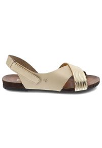 Beżowe Sandały Lemar Modne Buty Na Lato. Zapięcie: rzepy. Kolor: beżowy. Materiał: skóra. Wzór: aplikacja. Sezon: lato. Obcas: na obcasie. Styl: elegancki. Wysokość obcasa: niski #5