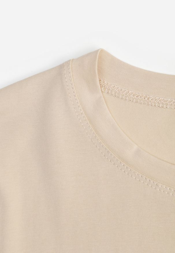 Renee - Beżowy Casualowy Bawełniany T-shirt Rivali. Okazja: na co dzień. Kolor: beżowy. Materiał: bawełna. Styl: casual