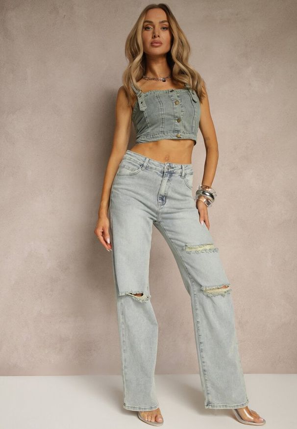Renee - Jasnoniebieskie Jeansy High Waist o Szerokim Kroju z Przetarciami Zeleldi. Okazja: na co dzień. Stan: podwyższony. Kolor: niebieski. Styl: elegancki, casual