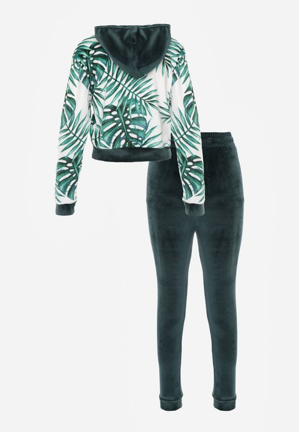Renee - Ciemnozielony Welurowy Komplet Dresowy z Wzorzystą Bluzą z Kapturem i Joggerami Rouviana. Kolor: zielony. Materiał: welur, dresówka
