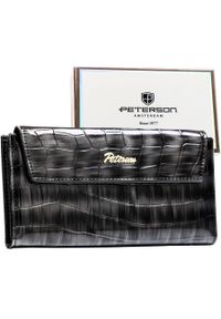 Szary portfel damski ze skóry ekologicznej zamykany na zatrzask - Peterson. Kolor: szary. Materiał: skóra ekologiczna. Wzór: aplikacja #1