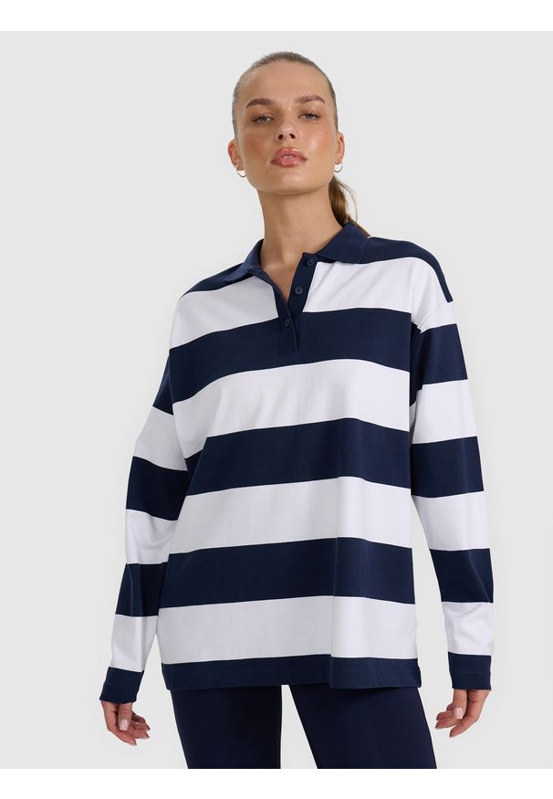 4f - 4F Longsleeve oversize damski - granatowy S. Typ kołnierza: polo. Kolor: niebieski. Materiał: bawełna, dzianina. Długość rękawa: długi rękaw. Styl: retro, sportowy
