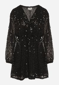 Born2be - Czarna Cekinowa Sukienka o Rozkloszowanym Kroju z Długimi Rękawami Reira. Okazja: na imprezę. Kolor: czarny. Materiał: poliester. Długość rękawa: długi rękaw. Styl: elegancki #5