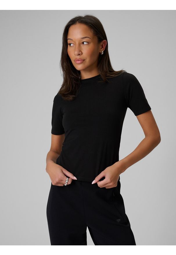 4f - 4F T-shirt slim gładki damski - czarny M. Okazja: na co dzień. Kolor: czarny. Materiał: materiał. Wzór: gładki. Styl: casual