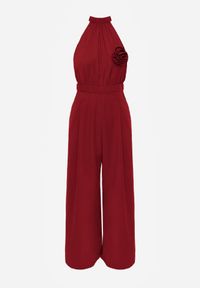 Born2be - Bordowy Kombinezon Elegancki z Broszką Różą 3D i Dekoltem Halter Thaelima. Kolor: czerwony. Wzór: aplikacja. Styl: elegancki #4