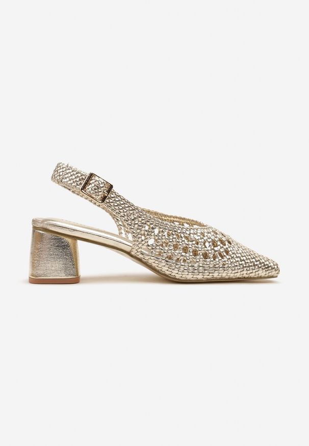 Renee - Złote Sandały na Słupku Slingback Ozdobione Plecioną Cholewką Linaiana. Okazja: na imprezę, na spotkanie biznesowe. Zapięcie: sprzączka. Kolor: złoty. Wzór: aplikacja. Sezon: lato. Obcas: na słupku. Styl: biznesowy, klasyczny, elegancki