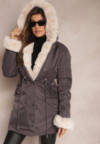 Renee - Ciemnoszara Kurtka Parka z Futerkiem Teyo. Kolor: szary. Materiał: futro