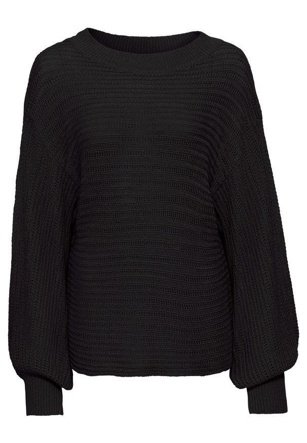 Sweter oversize w ażurowy wzór bonprix czarny. Kolor: czarny. Wzór: ażurowy