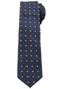 Ciemny Granatowy Elegancki Krawat -Angelo di Monti- 6 cm, Męski, w Pomarańczowo- Żółte Kwadraty. Kolor: złoty, niebieski, wielokolorowy, żółty. Wzór: geometria. Styl: elegancki #1