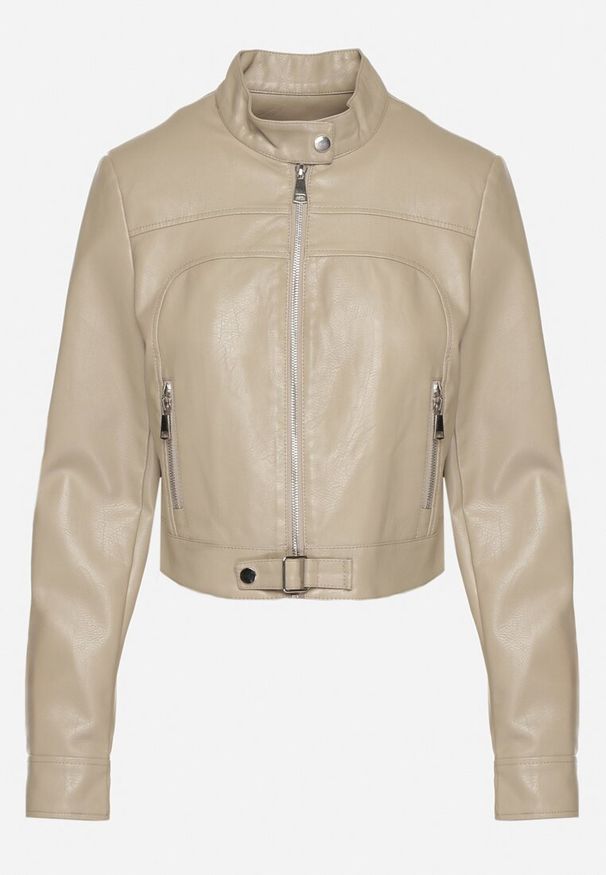 Born2be - Ciemnobeżowa Kurtka Ramoneska w Motocyklowym Stylu z Klamerką Terlia. Okazja: na co dzień. Kolor: beżowy. Materiał: poliester, jeans. Styl: casual, klasyczny