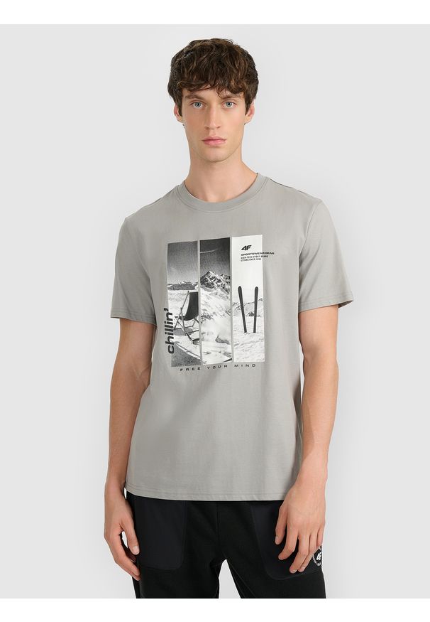 4f - 4F T-shirt regular z nadrukiem męski - szary S. Okazja: na co dzień. Kolor: szary. Materiał: dzianina, bawełna, materiał. Wzór: nadruk. Styl: casual