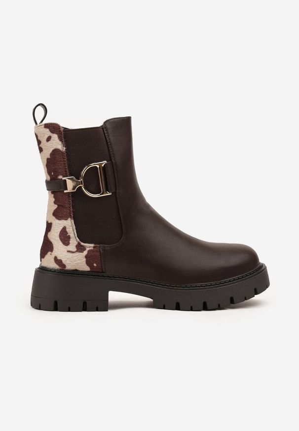 Born2be - Brązowe Botki Sztyblety w Krowie Łaty Zdobione Elegancką Aplikacją Nalamesa. Okazja: na spacer. Kolor: brązowy. Materiał: jeans, dzianina. Wzór: aplikacja. Styl: elegancki